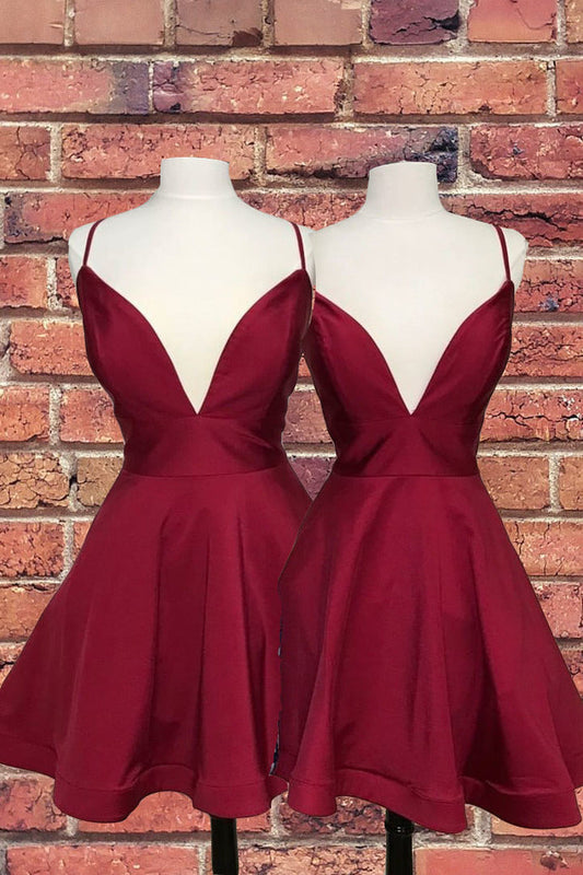 Deep V Neck A Line Alma Satin Homecoming Dresses Spaghetti Straps Burgundy Short Sexy