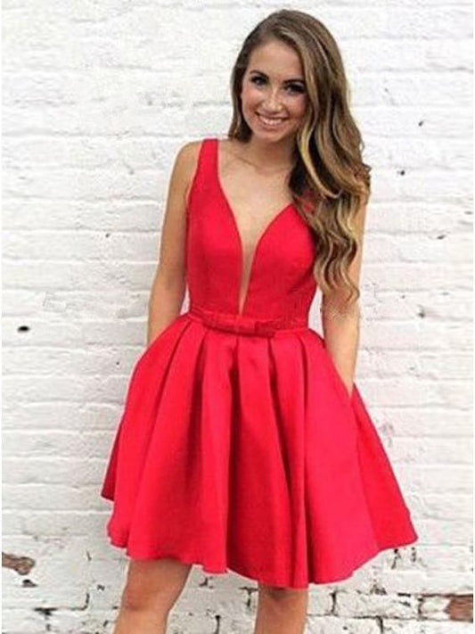 Sleeveless Red Pleated Deep V Neck A Line Homecoming Dresses Satin Dulce Short Simple Sexy