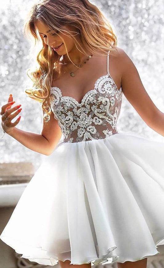 Homecoming Dresses A Line Kaylee Chiffon Lace Spaghetti Straps White V Neck Appliques Short