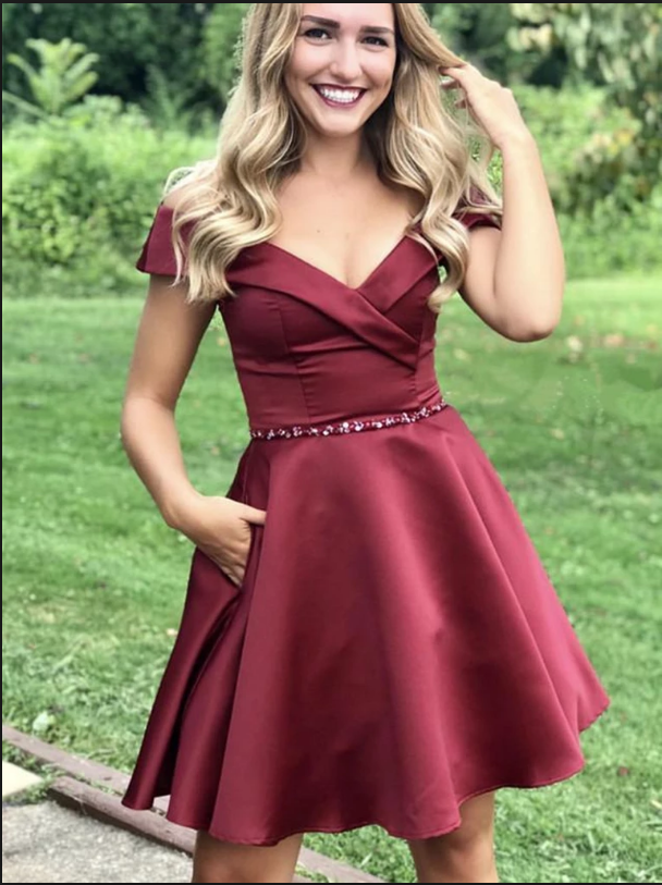 Burgundy V Neck Off The Angeline Homecoming Dresses Satin A Line Shoulder Short Pleated