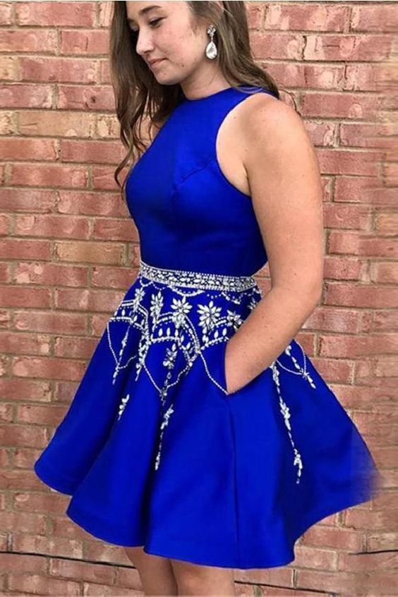 Halter Sleeveless Beading A Line Satin Marin Royal Blue Homecoming Dresses Short