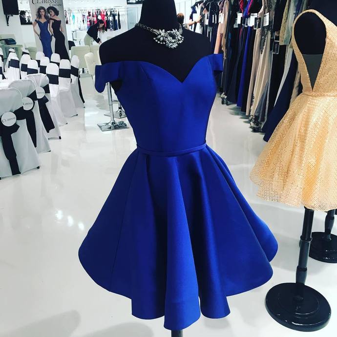 Off The Shoulder V Neck A Line Jocelynn Homecoming Dresses Royal Blue Satin Pleated Short