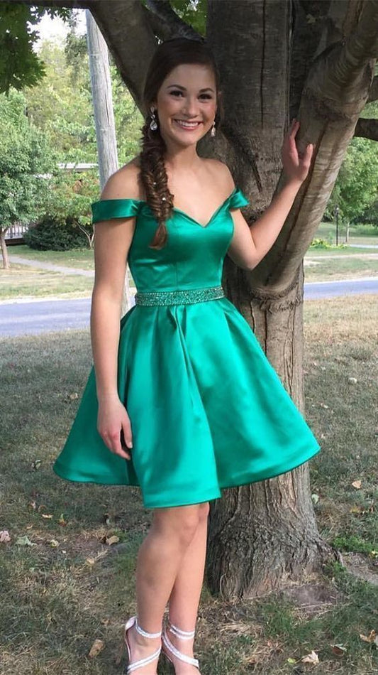 Jade Off Satin Homecoming Dresses A Line Katrina The Shoulder Pleated V Neck Beading Short