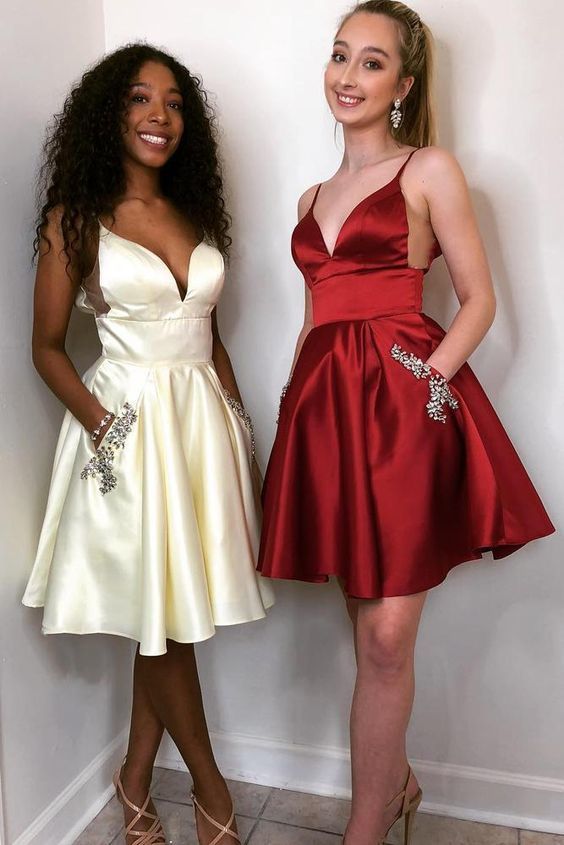 Spaghetti Straps Deep V Neck Sheer Short Sabrina Satin A Line Homecoming Dresses Pleated