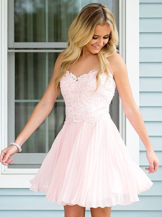 Strapless Sweetheart Pleated Appliques Chiffon Homecoming Dresses Pink A Line Delaney Blushing Short