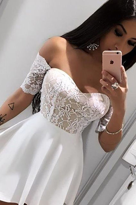 Off The Shoulder A Line Homecoming Dresses Lace Satin Bella Ivory Half Sleeve Short