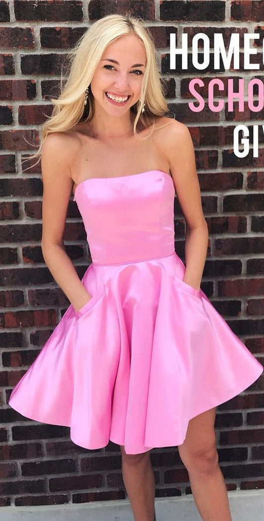 Strapless Pink Satin Liana Homecoming Dresses A Line Straight Sleeveless Pleated Short Pockets