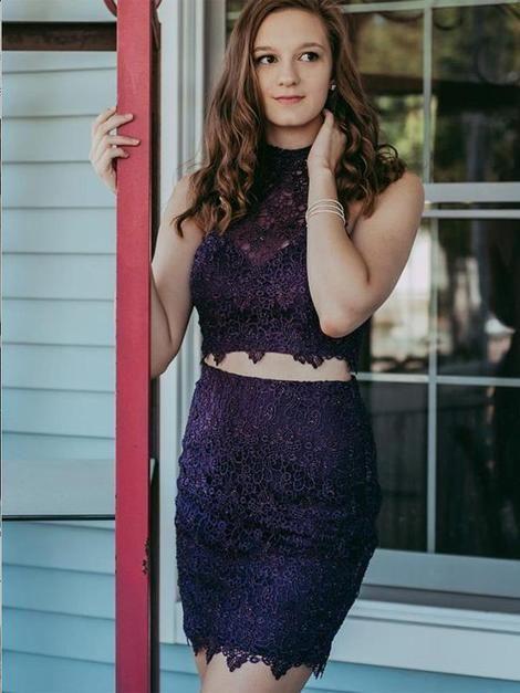 Halter Sheath Short Sleeveless Lace Dulce Two Pieces Homecoming Dresses Flowers Purple