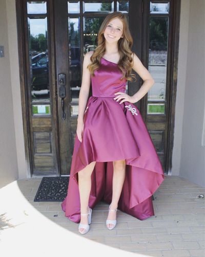 One Homecoming Dresses Satin Fernanda A Line Shoulder Sleeveless High Low Floor Length Simple