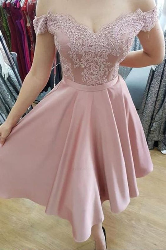 Dusty Rose Off The Shoulder Daisy Lace Homecoming Dresses A Line Satin Pleated Short