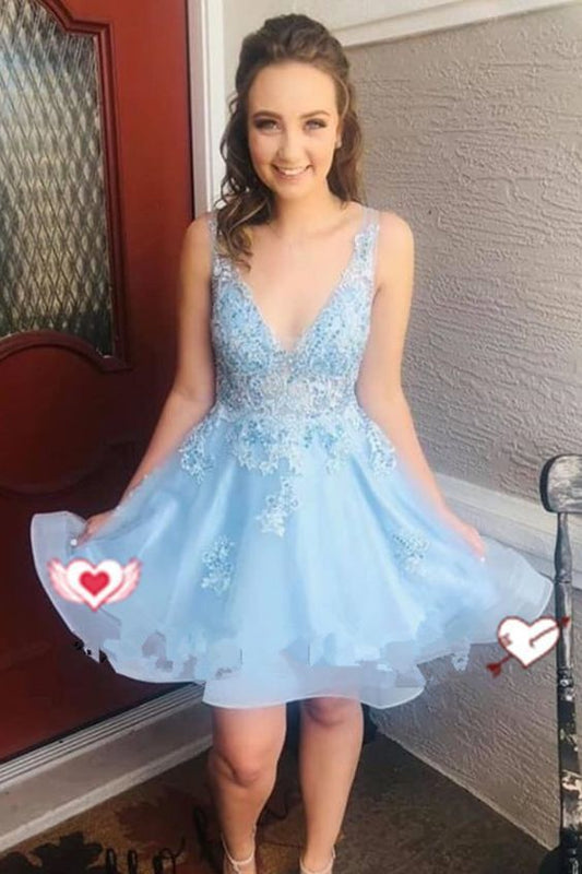 Organza Deep V Neck Homecoming Dresses A Line Bridget Sleeveless Appliques Blue Flowers