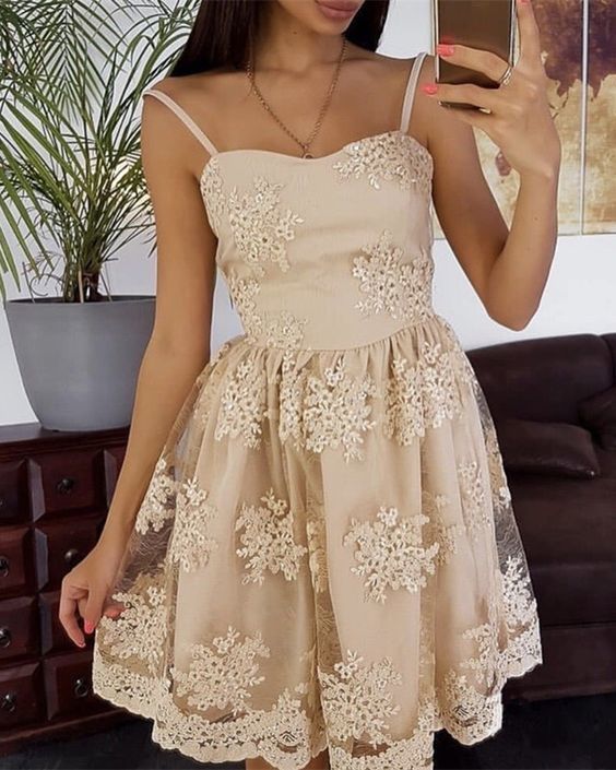 Spaghetti Straps Alejandra A Line Lace Homecoming Dresses Ivory Sweetheart Flowers Pleated