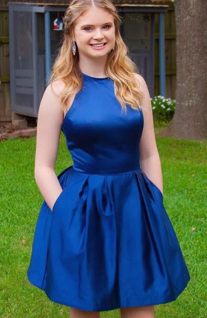 Halter Sleeveless Ellen Satin Royal Blue Homecoming Dresses A Line Pockets Short Pleated