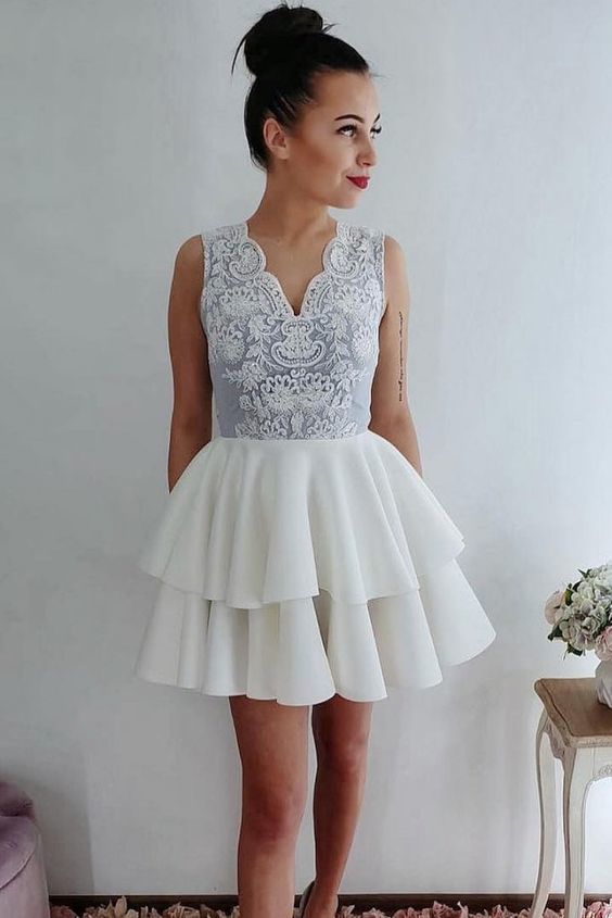 Ball Gown Tiered V Neck Sleeveless Denise Lace Satin Homecoming Dresses Ivory Flowers Short