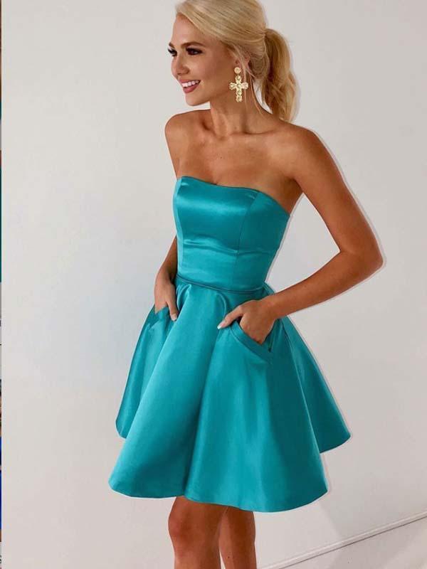 Satin Taliyah A Line Homecoming Dresses Teal Strapless Short Pleated Backless Pockets