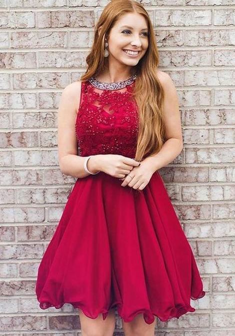 Halter Autumn A Line Homecoming Dresses Lace Sleeveless Pleated Red Appliques Short Organza