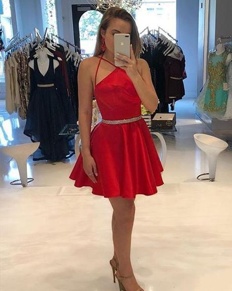 Halter Spaghetti Straps Sexy A Line Mercedes Satin Homecoming Dresses Pleated Short Red Simple