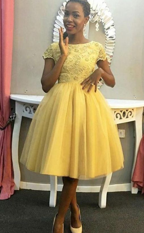 Denise Homecoming Dresses Jewel Short Sleeve Ball Gown Tulle Pleated Knee Length Appliques