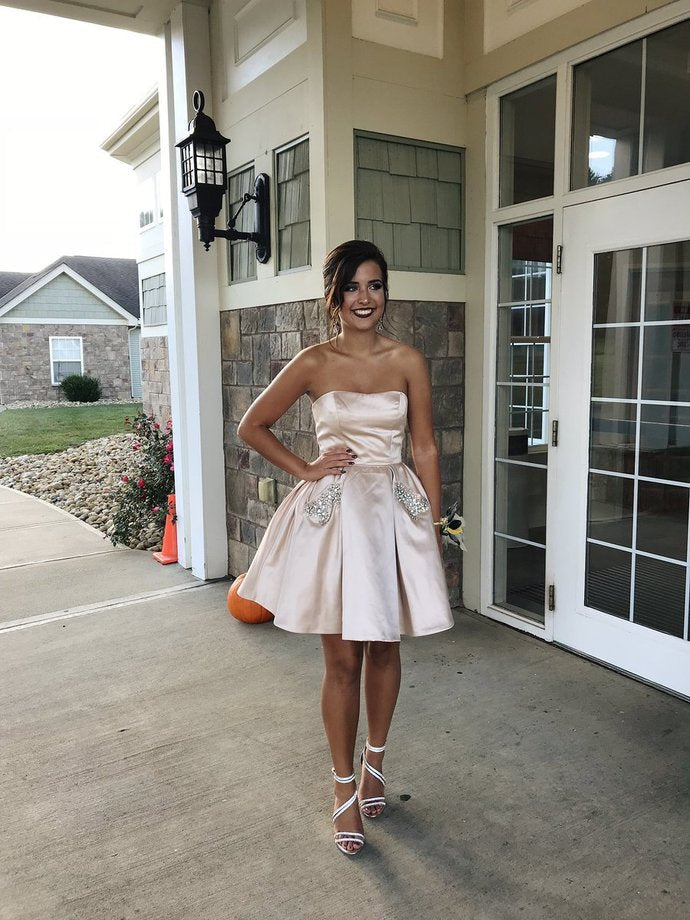 Strapless Satin Ivory A Line Bethany Homecoming Dresses Pleated Sexy Rhinestone Short