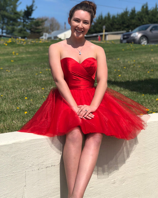 Ruched Strapless Red Sweetheart Tulle Homecoming Dresses A Line Keely Pleated Sexy Short