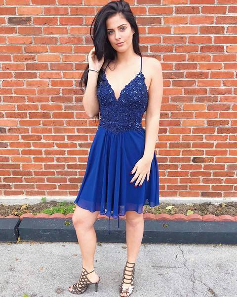 Halter Deep V Neck Appliques Jenny Chiffon Homecoming Dresses A Line Royal Blue Short