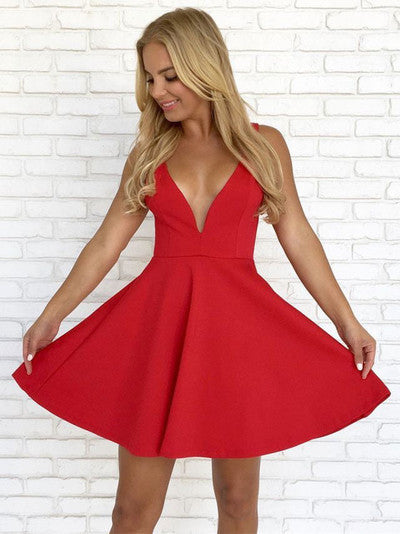 Red Pleated Homecoming Dresses A Line Satin Damaris Backless Straps Deep V Neck Short Sexy