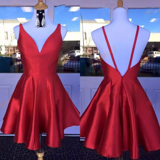 Deep V Neck Savanah Satin Homecoming Dresses A Line Red Straps Backless Sleeveless Pleated