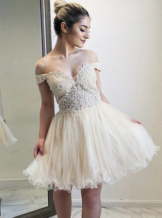 Off The Shoulder A Line Jaycee Ivory Homecoming Dresses Lace Appliques Organza Pleated V Neck