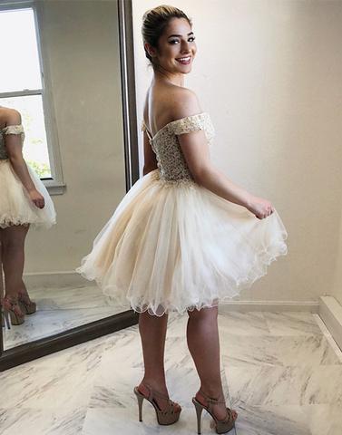 Off The Shoulder A Line Jaycee Ivory Homecoming Dresses Lace Appliques Organza Pleated V Neck