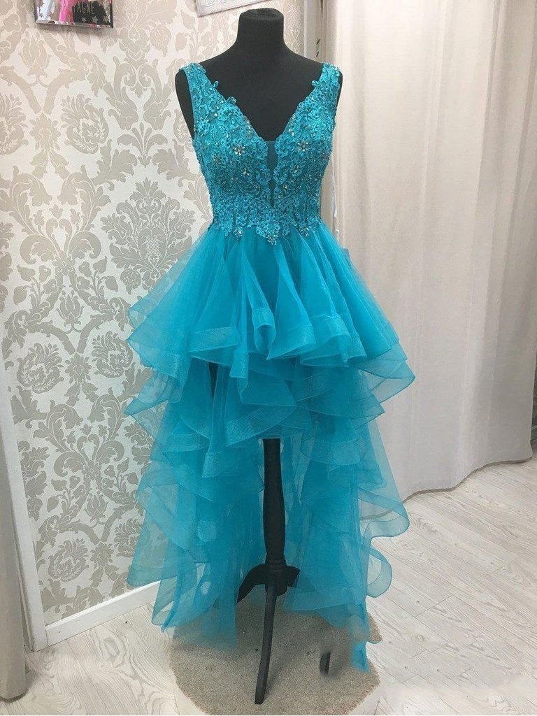 Blue V Homecoming Dresses Gabriella Neck High Low Organza Pleated Appliques Backless Sleeveless