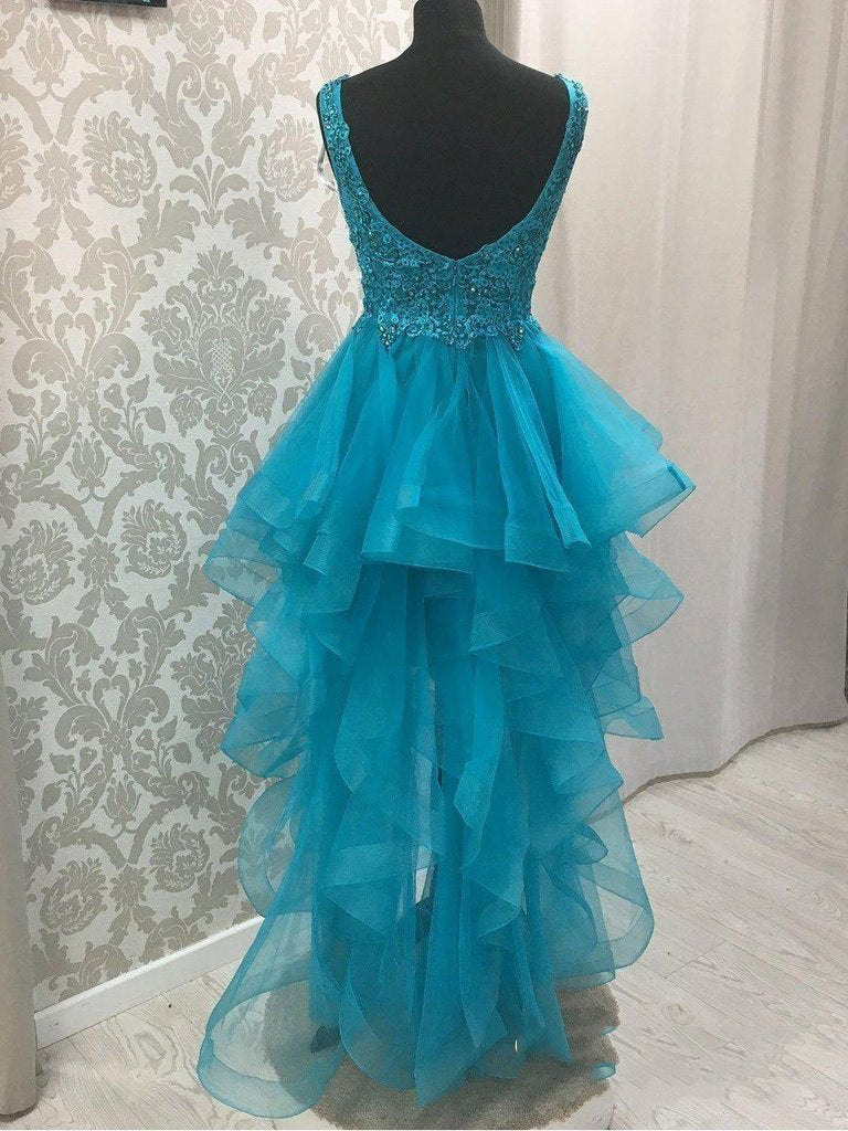 Blue V Homecoming Dresses Gabriella Neck High Low Organza Pleated Appliques Backless Sleeveless