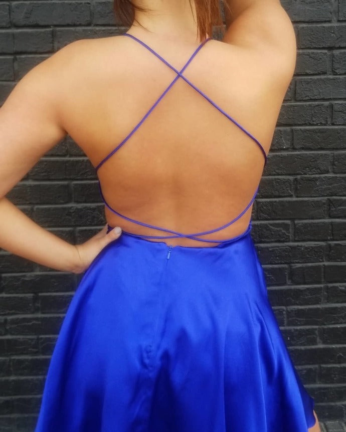 Halter Straps Backless Satin Homecoming Dresses Karina A Line Short Pleated Criss Cross