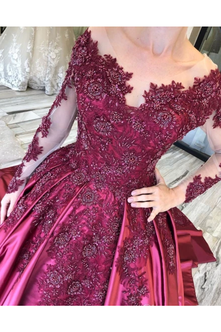 Prom Dress With Long Sleeves And Floral Embroidery Burgundy Colored Court Train