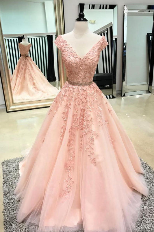 Pink Sleeveless V Neck Tulle Lace Applique Long Prom Dresses