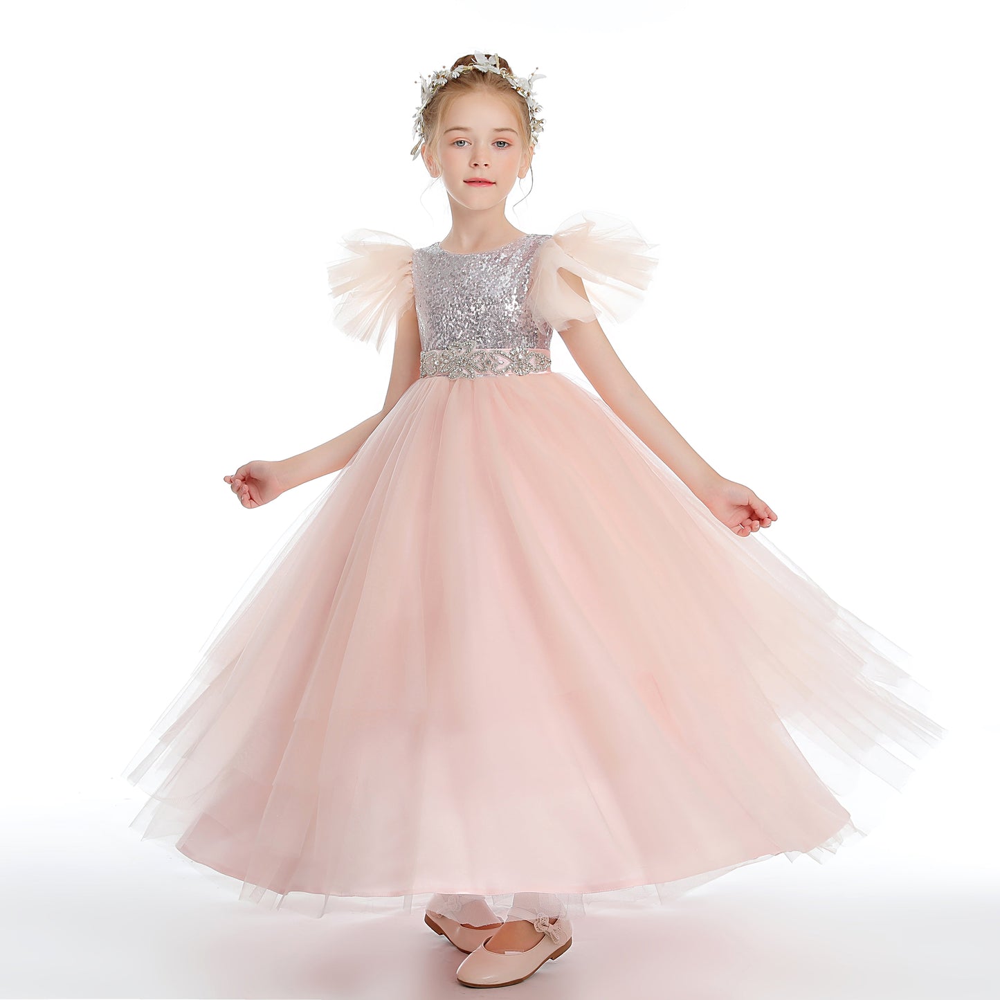 Ruffles Silver Sequins Pink Tulle Flower Girl Dresses With Beading