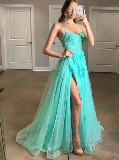 Backless Evening Dresses Turquoise Spaghetti Straps Split Appliqued Long Prom Dresses