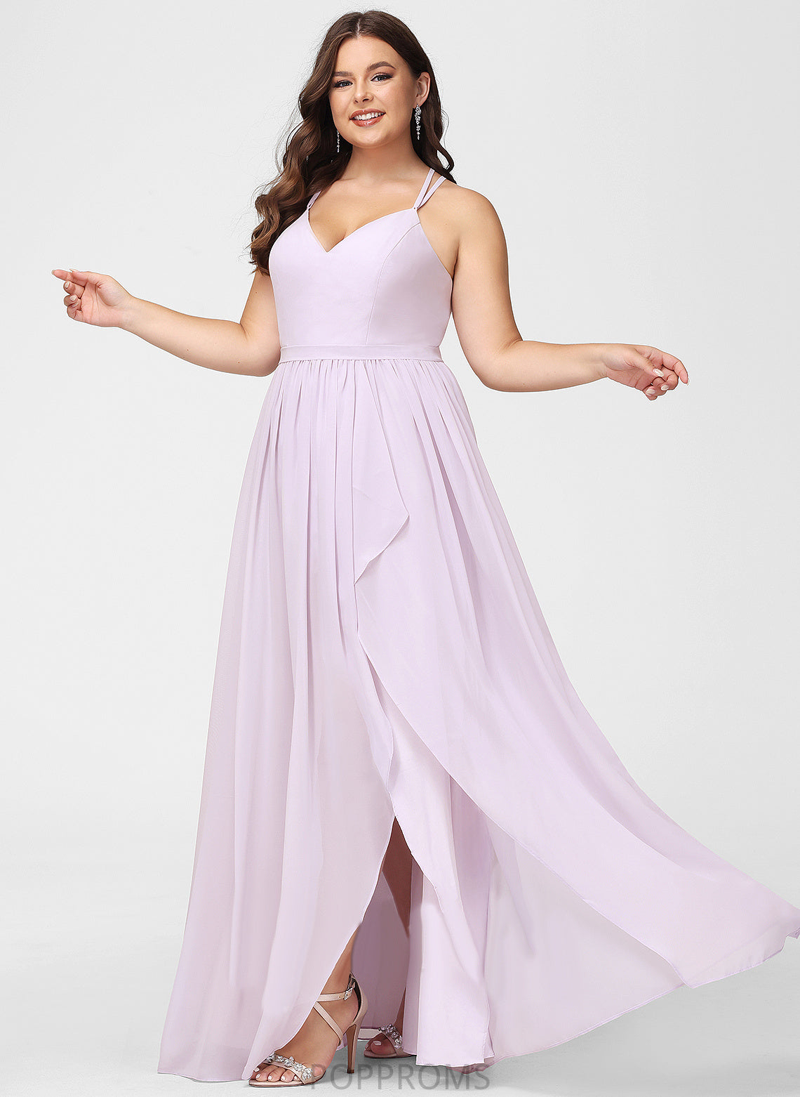 Embellishment A-Line SplitFront Ruffle Neckline Silhouette Asymmetrical Fabric V-neck Length Marian Floor Length Bridesmaid Dresses