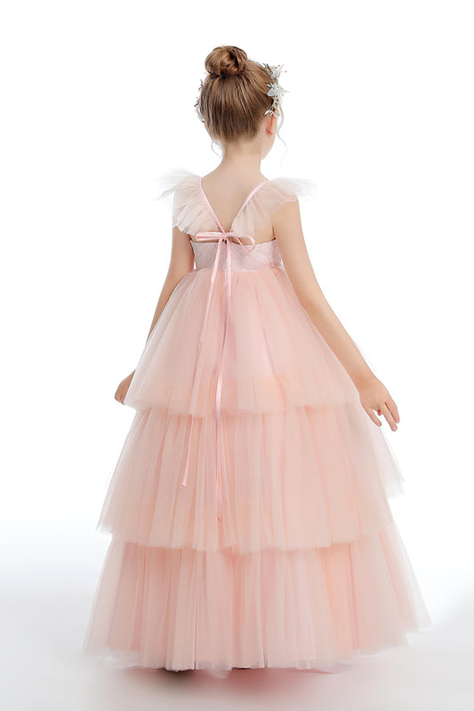 Ruffles Layered Pink Tulle Flower Girl Dresses With Bowknot