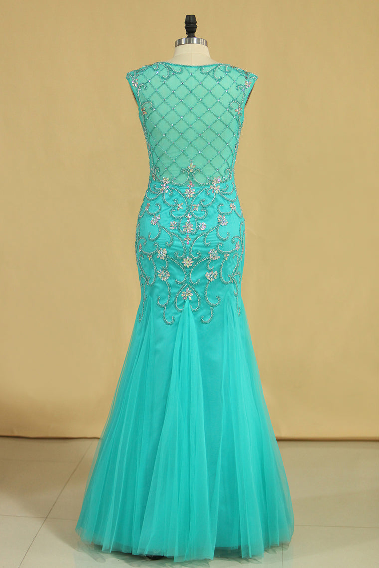 2024 Plus Size Scoop Mermaid Prom Dresses Beaded Bodice Tulle Floor Length