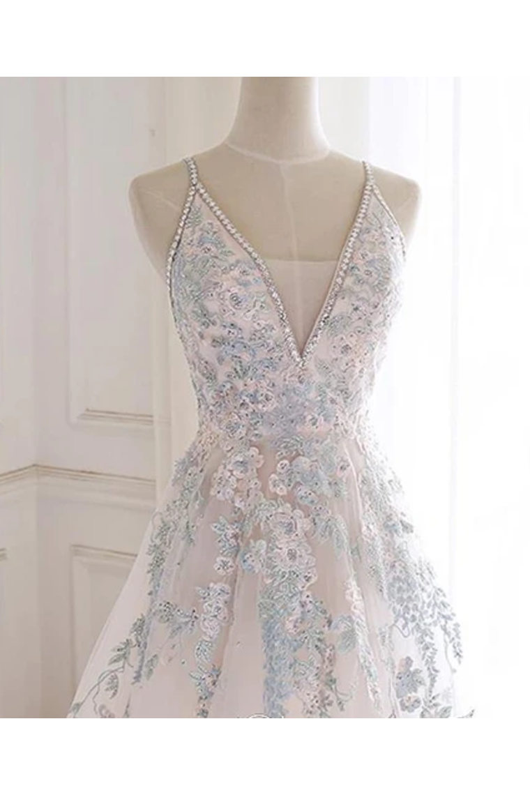 Beaded Spaghetti Strap Illusion V Neckline Wedding Dress With Colorful Appliques