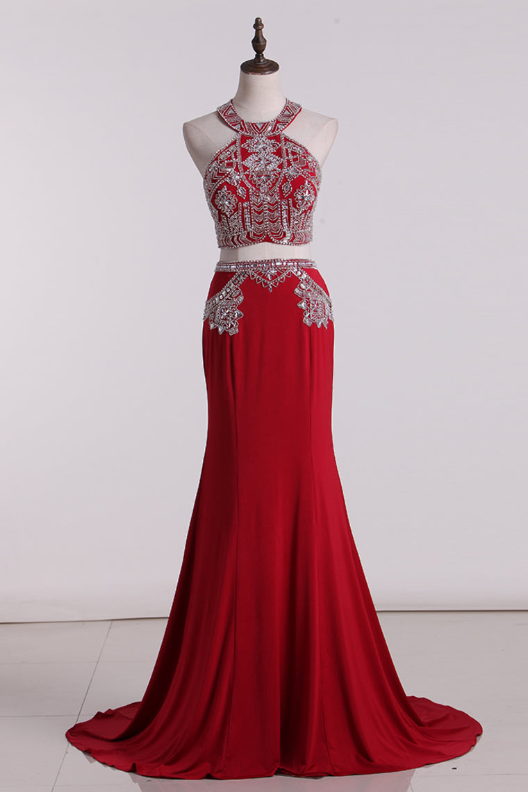 2024 High Neck Two-Piece Prom Dresses Mermaid Spandex With Beading