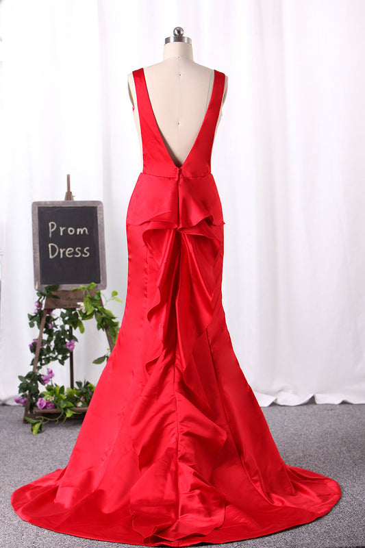 2024 Mermaid Evening Dresses V Neck Open Back Satin Sweep Train