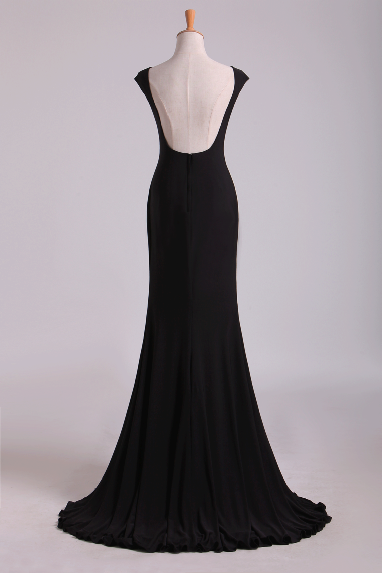 2024 Black Mermaid Evening Dresses Bateau Chiffon Sweep Train Open Back