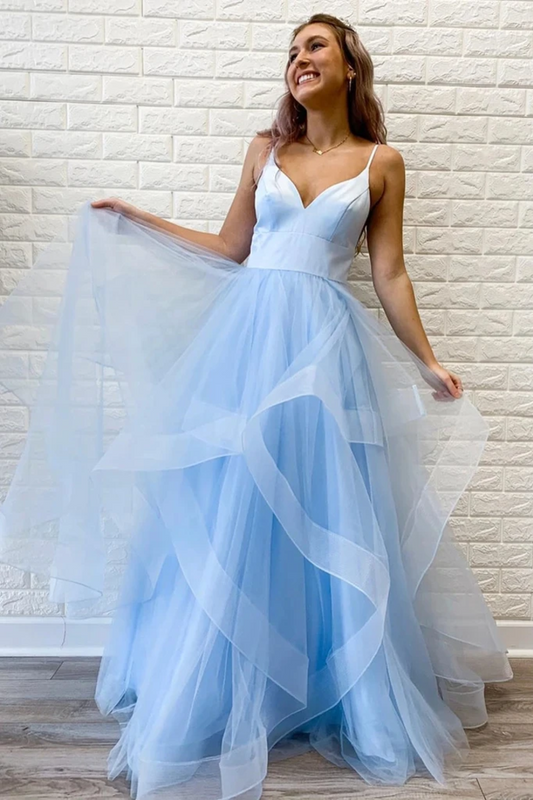 Simple Tulle Ruffles Spaghetti Straps V Neck Prom Dresses, Long Formal Dresses