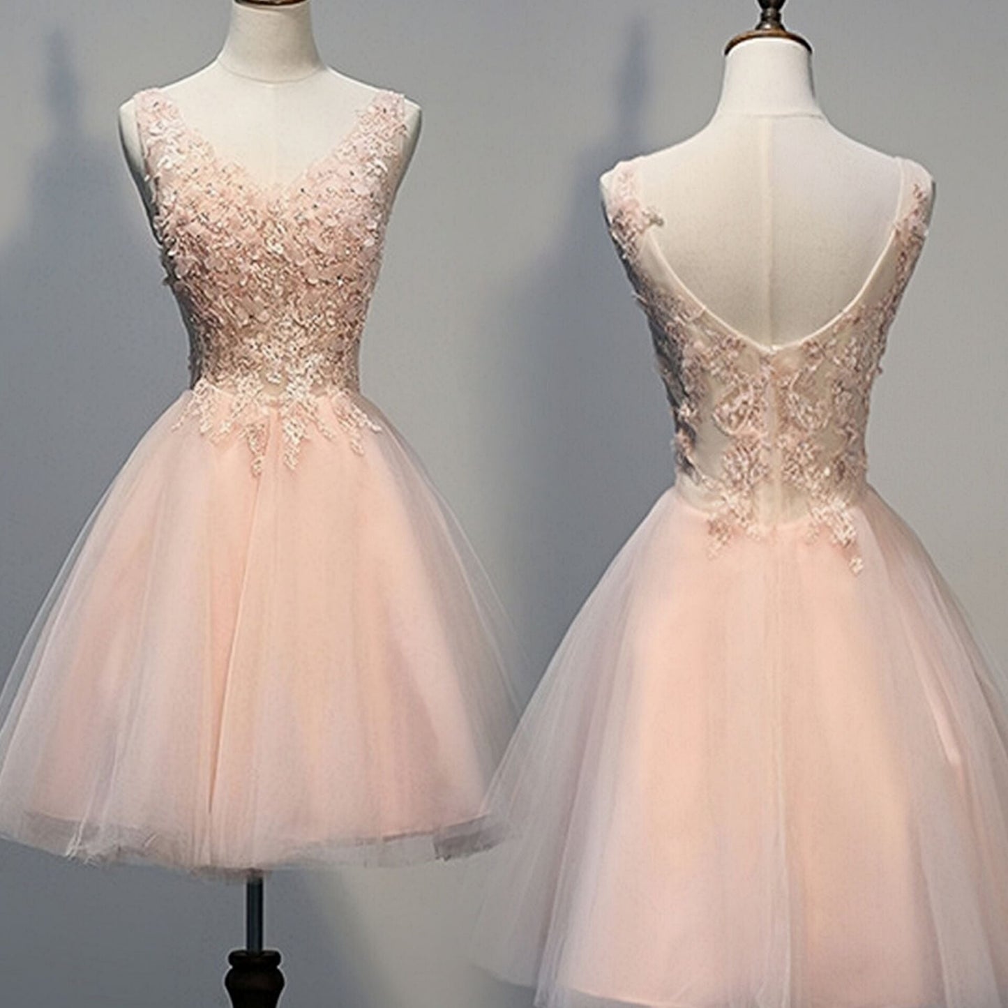 Blush Pink Lace Beaded Backless V-neck Sweet 16 Cocktail Dresses Homecoming Dresses