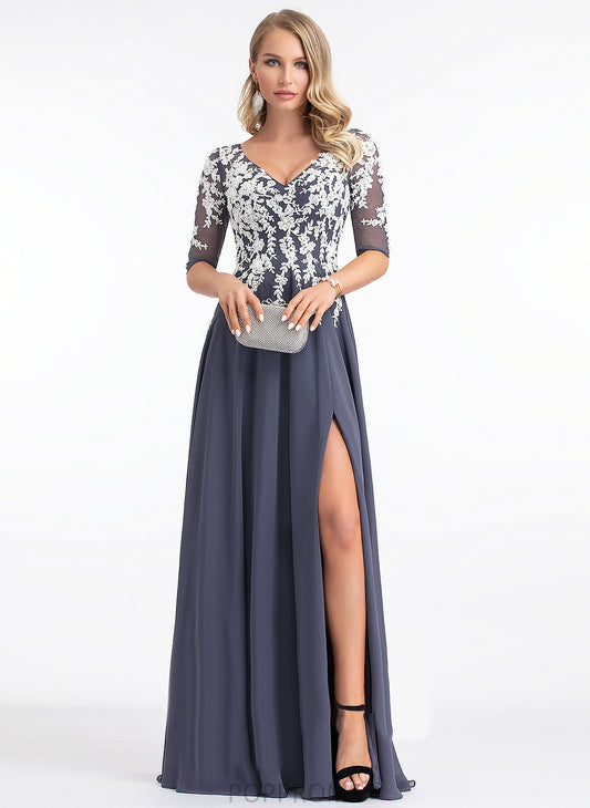 Chiffon Prom Dresses With Lace Floor-Length Sequins A-Line V-neck LuLu