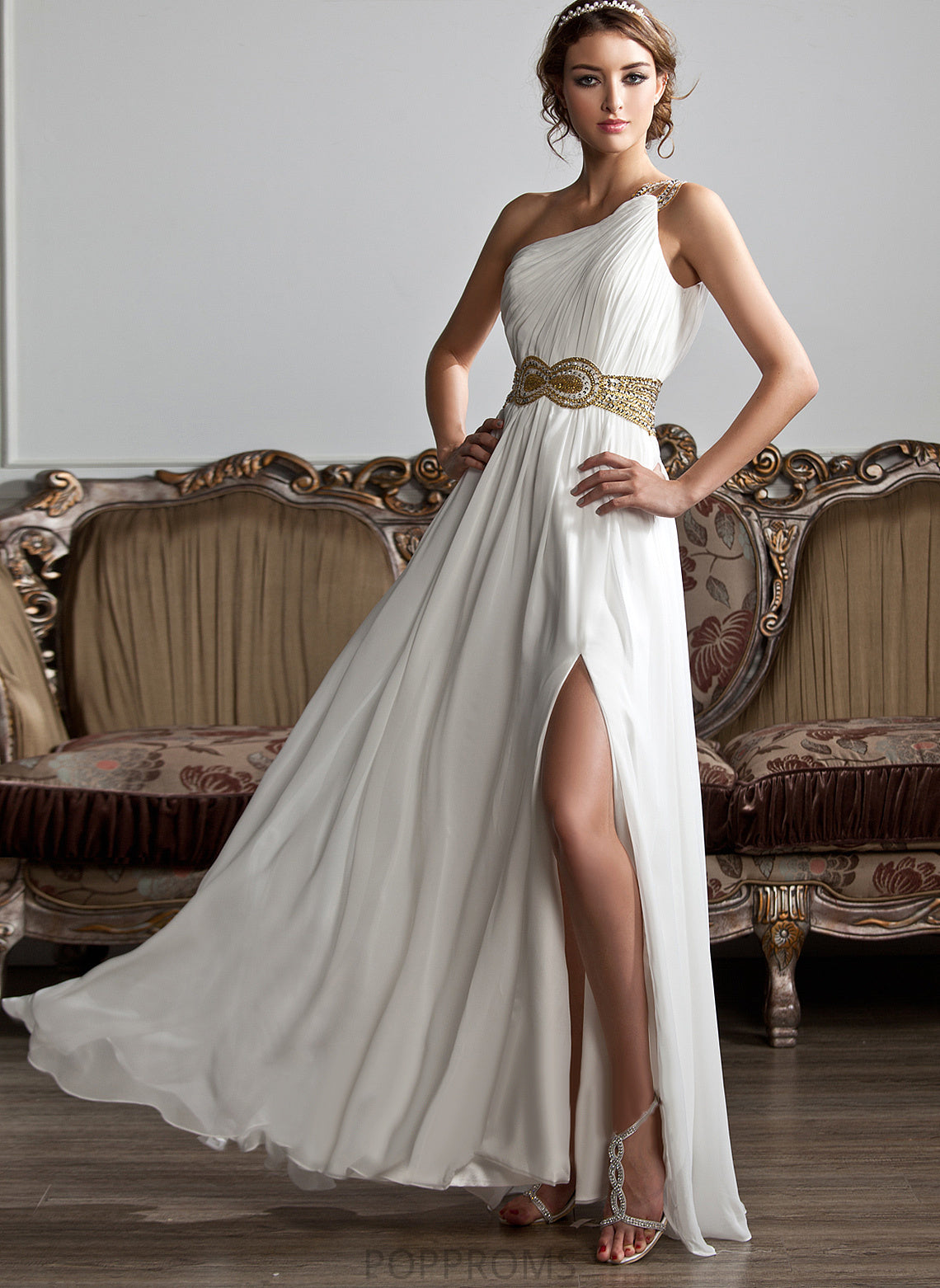 A-Line Floor-Length Sequins Beading One-Shoulder With Joselyn Ruffle Chiffon Prom Dresses