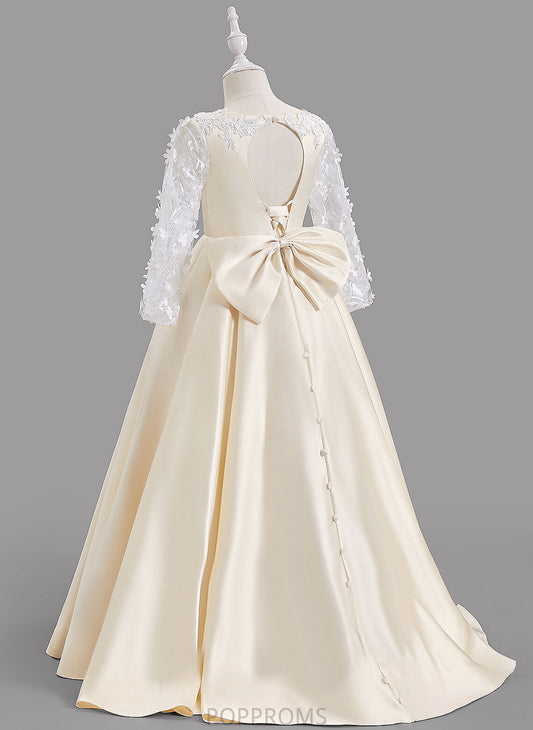 Flower Sleeves Satin Hole Neck With Long Sweep Bow(s)/Back Girl Scoop Dayanara - A-Line Flower Girl Dresses Train Dress