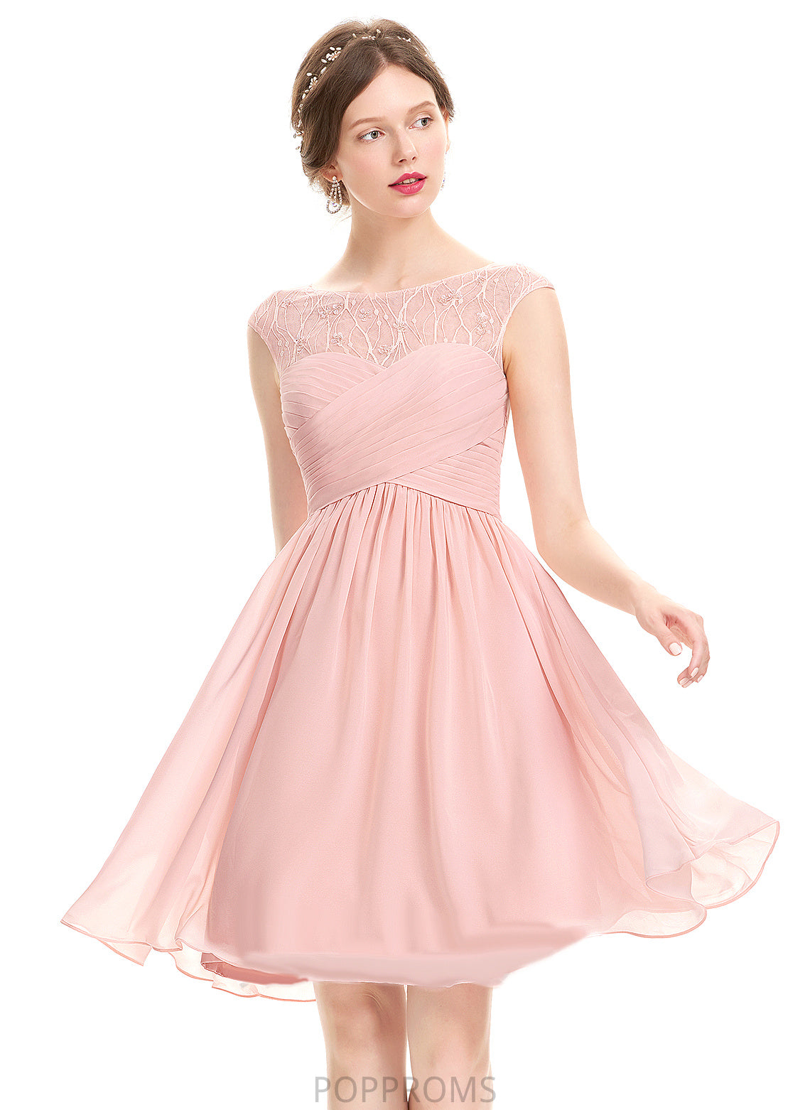 Lace With Chiffon Neck Jamiya A-Line Knee-Length Beading Scoop Prom Dresses Ruffle Sequins