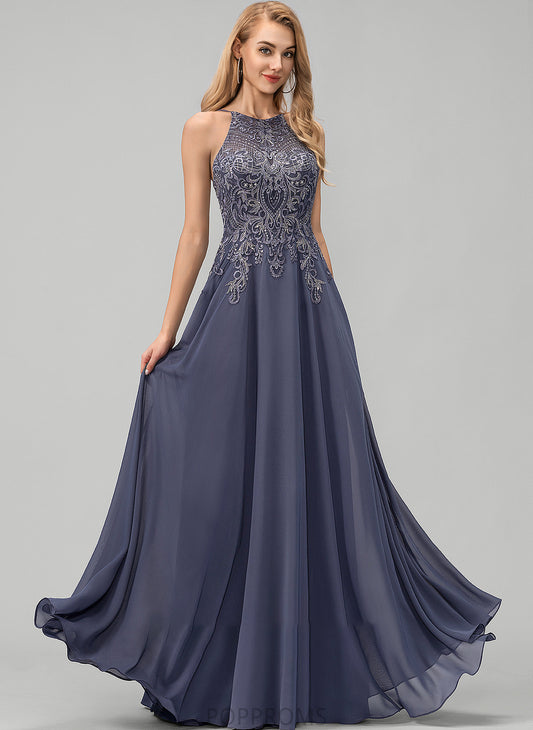 Neck With A-Line Sequins Brittany Scoop Floor-Length Prom Dresses Lace Chiffon